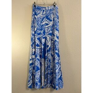 Coastal Cowgirl Boho Free People Blue White Paisley Maxi Skirt Size 2 Tiered Hem